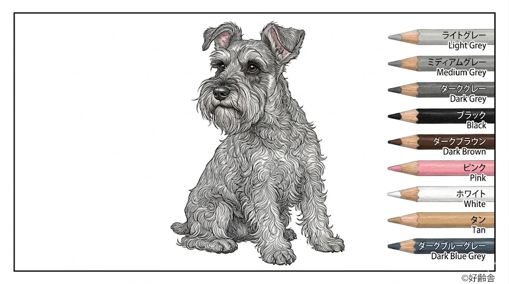 ミニチュアシュナウザー（完成見本） ｜ 高齢者（g3b3）向け無料塗り絵